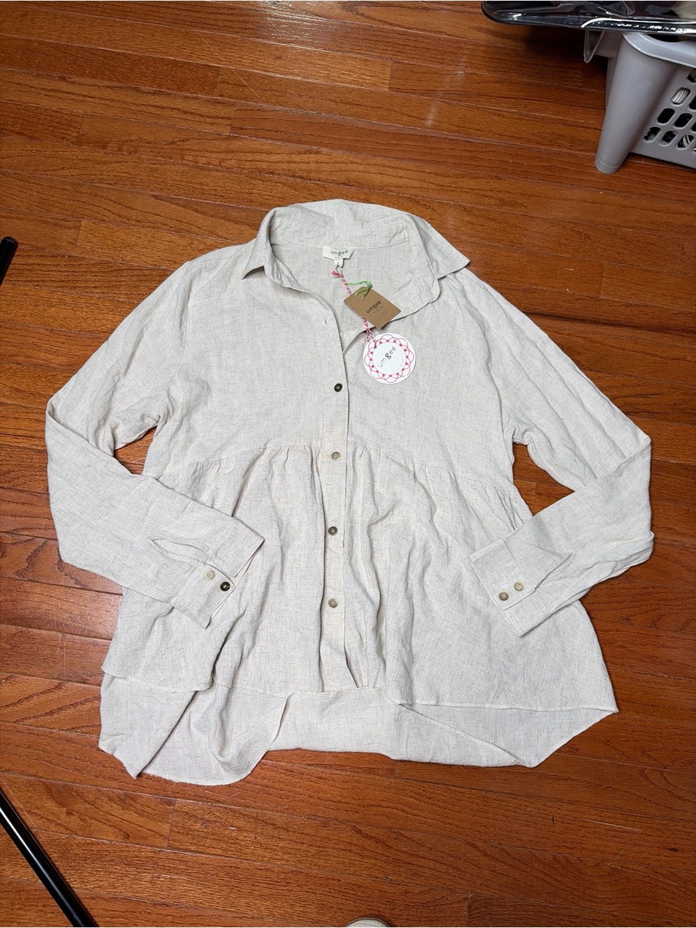 Umgee USA Oatmeal Beige Linen Blend Babydoll Button Down Tunic Top NWT Large